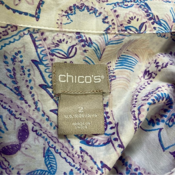 CHICOS Dress Shirt Tunic Purple White Paisley Floral Button Down Blouse Medium - Picture 12 of 16